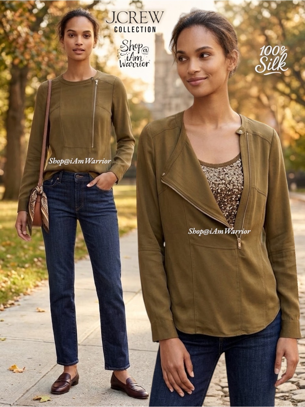 J.Crew Collection 100% Silk Olive Green Moto Asymmetrical Zip Pullover Blouse
